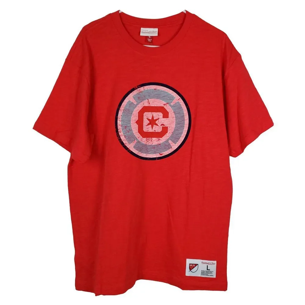 Chicago Fire Mitchell &‎ Ness MLS L Large Shirt Red Distressed Logo Soccer NWT